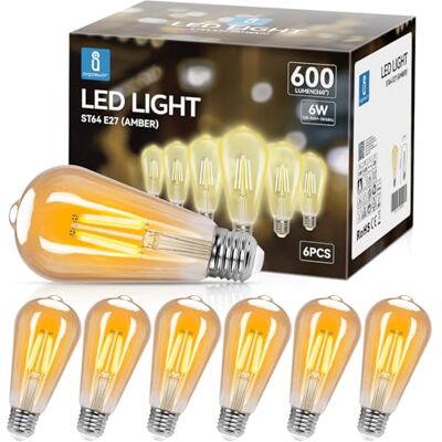 Aigostar ST64 Lâmpada Edison estilo vintage. Lâmpada LED E27 (casquilho gordo, 6 W (Equivalente a 48 W), lâmpada de filamento LED branca quente (2200 K). Ângulo de feixe de 360º. Não regulável. Pacote Aigostar ST64 Lâmpada Edison estilo vintage. Lâmpada LED E27 (casquilho gordo, 6 W (Equivalente a 48 W), lâmpada de filamento LED branca quente (2200 K). Ângulo de feixe de 360º. Não regulável. Pacote