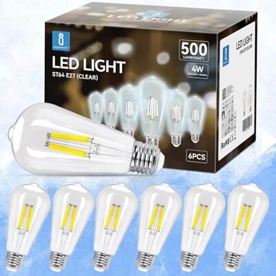 Aigostar Lâmpada LED E27 com filamento, luz fria 6500K, 4 W (Equivalente a 42 W), 500 lúmenes, não regulável, lâmpadas decorativas, conjunto de 6 unidades Aigostar Lâmpada LED E27 com filamento, luz fria 6500K, 4 W (Equivalente a 42 W), 500 lúmenes, não regulável, lâmpadas decorativas, conjunto de 6 unidades