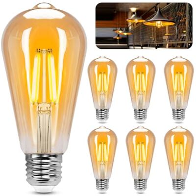 Aigostar ST64 Lâmpada Edison estilo vintage. Lâmpada LED E27 (casquilho gordo, 10 W (Equivalente a 77 W), lâmpada de filamento LED branca quente (2200 K). Ângulo de feixe de 360º. Não regulável Aigostar ST64 Lâmpada Edison estilo vintage. Lâmpada LED E27 (casquilho gordo, 10 W (Equivalente a 77 W), lâmpada de filamento LED branca quente (2200 K). Ângulo de feixe de 360º. Não regulável