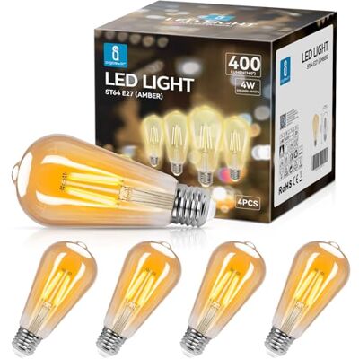 Aigostar ST64 Lâmpada Edison estilo vintage. Lâmpada LED E27 (casquilho gordo, 4 W (Equivalente a 38 W), lâmpada de filamento LED branca quente (2200 K). Ângulo de feixe de 280º. Não regulável. Pacote Aigostar ST64 Lâmpada Edison estilo vintage. Lâmpada LED E27 (casquilho gordo, 4 W (Equivalente a 38 W), lâmpada de filamento LED branca quente (2200 K). Ângulo de feixe de 280º. Não regulável. Pacote