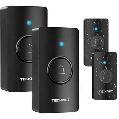 TECKNET Campainha sem fios IP67 impermeável 400 m para casa 2 campainhas e 2 receptor, bateria incluída, 60 tons, 5 níveis de volume, função de memória, luz LED, para exterior TECKNET Campainha sem fios IP67 impermeável 400 m para casa 2 campainhas e 2 receptor, bateria incluída, 60 tons, 5 níveis de volume, função de memória, luz LED, para exterior