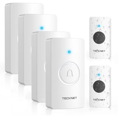 TECKNET Campainha sem fios IP65 impermeável 400 m para casa 2 campainhas e 4 receptor, 60 tons, 5 níveis de volume, bateria incluída, função de memória, luz LED, para exterior TECKNET Campainha sem fios IP65 impermeável 400 m para casa 2 campainhas e 4 receptor, 60 tons, 5 níveis de volume, bateria incluída, função de memória, luz LED, para exterior