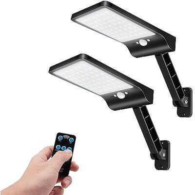 COLBOR Luz solar exterior, focos LED solares de pared para jardim com sensor de movimento, 3 modos ajustáveis, IP65, farol potente impermeável com controle remoto (preto COLBOR Luz solar exterior, focos LED solares de pared para jardim com sensor de movimento, 3 modos ajustáveis, IP65, farol potente impermeável com controle remoto (preto