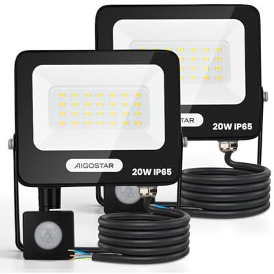 Aigostar 20 W Foco LED exterior com sensor de movimento PIR, 2 peças, 1650 LM Super brilho projetor LED, IP65 impermeável, branco natural 4000 K, luz de segurança para interior, jardim, pátio, garagem Aigostar 20 W Foco LED exterior com sensor de movimento PIR, 2 peças, 1650 LM Super brilho projetor LED, IP65 impermeável, branco natural 4000 K, luz de segurança para interior, jardim, pátio, garagem