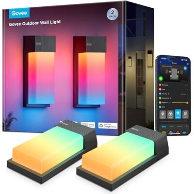 Govee Apliques de exterior RGBIC, 1500 lm luzes exteriores, IP65, pack de 2 2700 K 6500 K apliques de parede exteriores, 45 modos de cena, DIY, Matter/Alexa/Google, varanda, terraço Govee Apliques de exterior RGBIC, 1500 lm luzes exteriores, IP65, pack de 2 2700 K 6500 K apliques de parede exteriores, 45 modos de cena, DIY, Matter/Alexa/Google, varanda, terraço