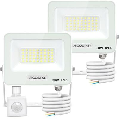 Aigostar 30 W Foco LED exterior com sensor de movimento PIR branco, 2 peças, 2750 LM Super brilho projetor LED interior, IP65 impermeável, branco frio 6500 K, luz de segurança para jardim, pátio Aigostar 30 W Foco LED exterior com sensor de movimento PIR branco, 2 peças, 2750 LM Super brilho projetor LED interior, IP65 impermeável, branco frio 6500 K, luz de segurança para jardim, pátio