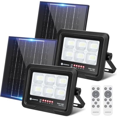 Aigostar Foco Proyector LED Solar 100w 6500K, con mando a distancia, 2 pcs Impermeável IP65, visualização do nível da bateria, com brilho e sincronização ajustáveis para jardim, garagem Aigostar Foco Proyector LED Solar 100w 6500K, con mando a distancia, 2 pcs Impermeável IP65, visualização do nível da bateria, com brilho e sincronização ajustáveis para jardim, garagem