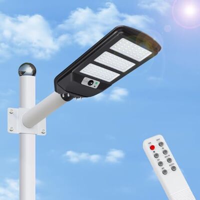 Aigostar 150 W Lâmpada solar LED exterior com sensor de movimento, controlo remoto, 1500 LM luz branca. Foco solar LED potente com temporizador, proteção impermeável IP65. Não inclui suporte Aigostar 150 W Lâmpada solar LED exterior com sensor de movimento, controlo remoto, 1500 LM luz branca. Foco solar LED potente com temporizador, proteção impermeável IP65. Não inclui suporte