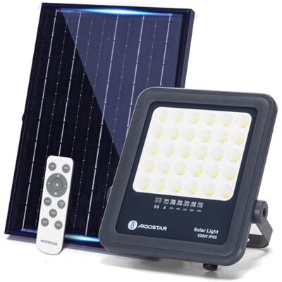 Aigostar 100W Focos Solare LED con Control Remoto 1000 LM, luz branca fria de 6500 K, IP65 impermeável, luz solar exterior, para jardim, terraços, estradas, garagens Aigostar 100W Focos Solare LED con Control Remoto 1000 LM, luz branca fria de 6500 K, IP65 impermeável, luz solar exterior, para jardim, terraços, estradas, garagens