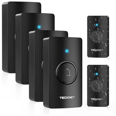 TECKNET Campainha sem fios IP65 impermeável 400 m para casa 2 campainhas e 4 receptor, 60 tons, 5 níveis de volume, bateria incluída, função de memória, luz LED, para exterior TECKNET Campainha sem fios IP65 impermeável 400 m para casa 2 campainhas e 4 receptor, 60 tons, 5 níveis de volume, bateria incluída, função de memória, luz LED, para exterior