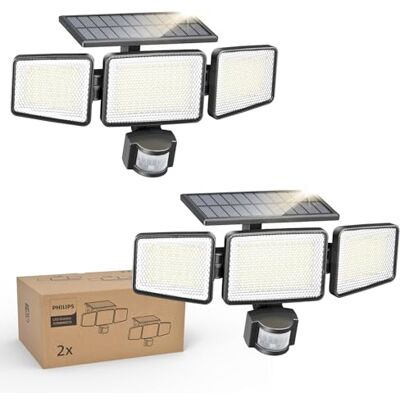 Philips Pacote de 2 luzes solares de segurança para exteriores, 302 LED, 1200 lm, refletor de parede impermeável alimentado por energia solar com sensor de movimento PIR, 3 cabeças, impermeável Philips Pacote de 2 luzes solares de segurança para exteriores, 302 LED, 1200 lm, refletor de parede impermeável alimentado por energia solar com sensor de movimento PIR, 3 cabeças, impermeável
