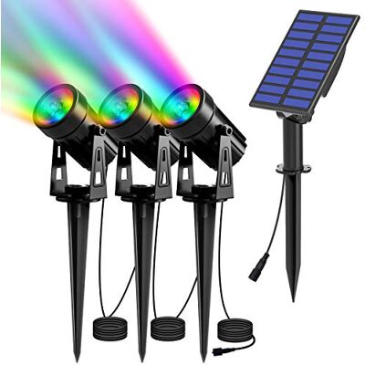 Sun Luzes solares LED para exterior jardim, 3 em 1 Foco solar LED com RGB, 6 mudanças de cor, 2 níveis de brilho ajustáveis, impermeável, 270º de ângulo amplo de iluminação para caminho, gramado Sun Luzes solares LED para exterior jardim, 3 em 1 Foco solar LED com RGB, 6 mudanças de cor, 2 níveis de brilho ajustáveis, impermeável, 270º de ângulo amplo de iluminação para caminho, gramado