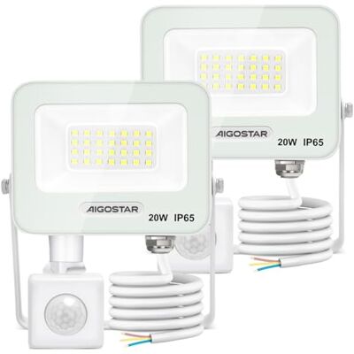 Aigostar 20 W Foco LED exterior com sensor de movimento PIR branco, 2 peças, 1650 LM Super brilho projetor LED interior, IP65 impermeável, branco frio 6500 K, luz de segurança para jardim, pátio Aigostar 20 W Foco LED exterior com sensor de movimento PIR branco, 2 peças, 1650 LM Super brilho projetor LED interior, IP65 impermeável, branco frio 6500 K, luz de segurança para jardim, pátio