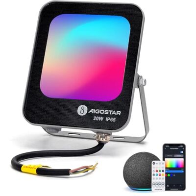 Aigostar Focos LED RGBW exterior, 20 W 1800 LM Bluetooth Mesh holofotes LED exteriores, 6500 K luz branca, holofote projetor LED exterior e interior IP65 de cores para festa, terraço, jardim Aigostar Focos LED RGBW exterior, 20 W 1800 LM Bluetooth Mesh holofotes LED exteriores, 6500 K luz branca, holofote projetor LED exterior e interior IP65 de cores para festa, terraço, jardim