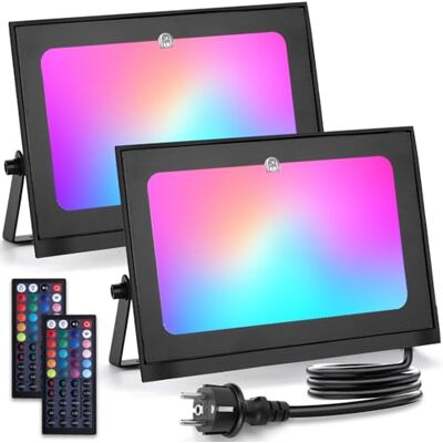 Aigostar Foco LED RGB para exterior, 50 W, com controlo remoto, RGB: mudança de cores, 6 modos de funcionamento estroboscópico. Iluminação regulável. Uso interior e exterior IP65, cabo de 1,5 m, 2 peças Aigostar Foco LED RGB para exterior, 50 W, com controlo remoto, RGB: mudança de cores, 6 modos de funcionamento estroboscópico. Iluminação regulável. Uso interior e exterior IP65, cabo de 1,5 m, 2 peças