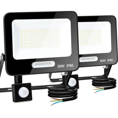Aigostar 50 W Foco LED com sensor de movimento, holofotes exteriores super brilho, 4600 LM, branco frio 6500 K, IP65 impermeável, projetor LED exterior, perfeito para jardim, garagem, pátio Aigostar 50 W Foco LED com sensor de movimento, holofotes exteriores super brilho, 4600 LM, branco frio 6500 K, IP65 impermeável, projetor LED exterior, perfeito para jardim, garagem, pátio