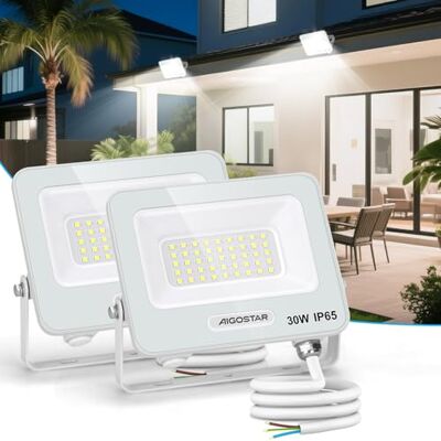 Aigostar Foco LED exterior 30 w, 2450 LM projetor LED, IP65 luz de segurança impermeável, luz branca 6500 K luzes led exterior, para jardim, pátio, garagem, pacote de 2 Aigostar Foco LED exterior 30 w, 2450 LM projetor LED, IP65 luz de segurança impermeável, luz branca 6500 K luzes led exterior, para jardim, pátio, garagem, pacote de 2