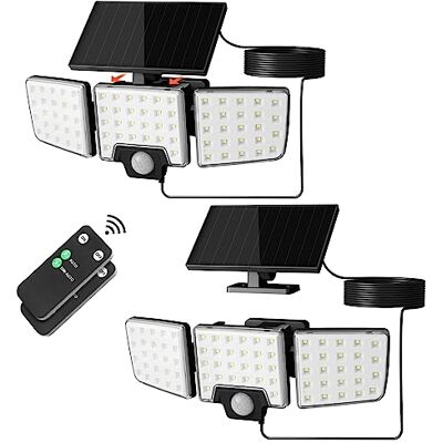 Lepro Luz solar exterior detetor de movimento, 2 em 1, controlo remoto separado e integrado, holofote solar exterior impermeável IP65 com 2 modos de luz, 3 cabeças, refletor solar para jardim, 2 Lepro Luz solar exterior detetor de movimento, 2 em 1, controlo remoto separado e integrado, holofote solar exterior impermeável IP65 com 2 modos de luz, 3 cabeças, refletor solar para jardim, 2