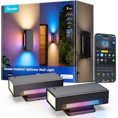 Govee Apliques de Pared Exteriores UpDown, 1400lm RGBICWW, IP66, Pack de 2 2700 K 6500 K luzes inteligentes para alpendre exterior, 64 modos de cena, DIY, Matter/Alexa/Google, varanda, terraço Govee Apliques de Pared Exteriores UpDown, 1400lm RGBICWW, IP66, Pack de 2 2700 K 6500 K luzes inteligentes para alpendre exterior, 64 modos de cena, DIY, Matter/Alexa/Google, varanda, terraço