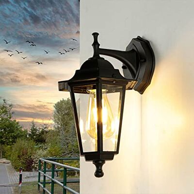Licht-Erlebnisse Aplique de parede alumínio vidro preto IP44 jardim varanda W: 17 cm E27 lanterna nostálgica rústica parede luz exterior porta PARIS Licht-Erlebnisse Aplique de parede alumínio vidro preto IP44 jardim varanda W: 17 cm E27 lanterna nostálgica rústica parede luz exterior porta PARIS