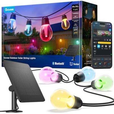 Govee Guirlandas luzes solares exterior 10 m, RGBICW com 16 m de cores, 50 112 modos de cena e controlo App, somente Bluetooth, 8 LED reguláveis inquebráveis, 4800 mAh, IP67 para jardim, terraço Govee Guirlandas luzes solares exterior 10 m, RGBICW com 16 m de cores, 50 112 modos de cena e controlo App, somente Bluetooth, 8 LED reguláveis inquebráveis, 4800 mAh, IP67 para jardim, terraço
