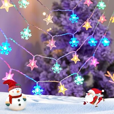 Aigostar 2,5 m 25 LED Guirlandas de Luz com Pilhas, Estrela e Floco de Neve, 8 Modos, Corrente de Luzes de Natal, IP44 Impermeável com Temporizador para Interior e Exterior, Festa, Quarto, Jardim (RGB Aigostar 2,5 m 25 LED Guirlandas de Luz com Pilhas, Estrela e Floco de Neve, 8 Modos, Corrente de Luzes de Natal, IP44 Impermeável com Temporizador para Interior e Exterior, Festa, Quarto, Jardim (RGB