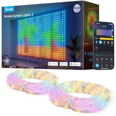 Govee Curtain Lights 3 x 2 m, cortina LED inteligente, 1040 LEDs, IP65 Compatível com Alexa, GIF DIY, impermeável IP65, decoração de Natal, controlo por aplicativo, cores RGBIC Govee Curtain Lights 3 x 2 m, cortina LED inteligente, 1040 LEDs, IP65 Compatível com Alexa, GIF DIY, impermeável IP65, decoração de Natal, controlo por aplicativo, cores RGBIC