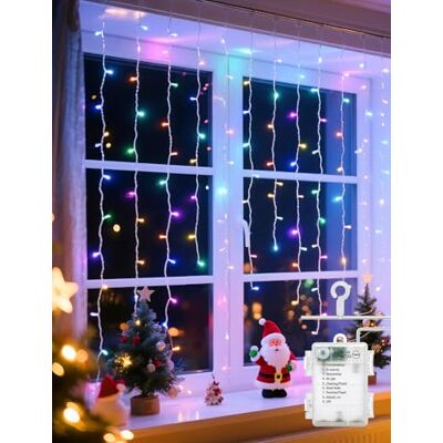 Aigostar , Cortina de luzes, 3x5m, 100 luzes de corrente de cortina, RGBY luzes LED a pilha, 8 modos de luz, IP44 impermeável, para Natal, decoração exteriores interiores, quarto, festas (multicolor) Aigostar , Cortina de luzes, 3x5m, 100 luzes de corrente de cortina, RGBY luzes LED a pilha, 8 modos de luz, IP44 impermeável, para Natal, decoração exteriores interiores, quarto, festas (multicolor)