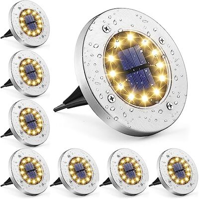 GIGALUMI Luzes solares para jardim, 12 LEDs, 8 peças, branco quente aço inoxidável impermeável para exteriores, pátio, relva, passarela GIGALUMI Luzes solares para jardim, 12 LEDs, 8 peças, branco quente aço inoxidável impermeável para exteriores, pátio, relva, passarela