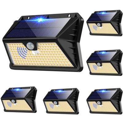 OUILA Luzes solares para parede exterior, pacote de 6, 185 LED, 3 modos, luz solar para exteriores com sensor de movimento, IP65 impermeável, candeeiro solar LED de parede, jardim, pátio, iluminação OUILA Luzes solares para parede exterior, pacote de 6, 185 LED, 3 modos, luz solar para exteriores com sensor de movimento, IP65 impermeável, candeeiro solar LED de parede, jardim, pátio, iluminação