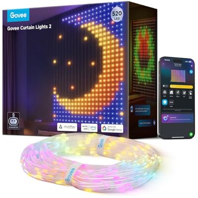 Govee Curtain Lights, Cortina LED Inteligente con GIF DIY, 520 Luces de Hadas que Cambian de Color RGBIC, Navidad Decoración Dinámica Inteligente, IP65 Impermeable, Compatible con Alexa (1,5 x 2 m) Govee Curtain Lights, Cortina LED Inteligente con GIF DIY, 520 Luces de Hadas que Cambian de Color RGBIC, Navidad Decoración Dinámica Inteligente, IP65 Impermeable, Compatible con Alexa (1,5 x 2 m)