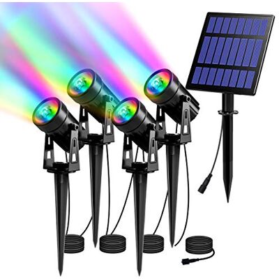 Sun Luzes solares LED para exterior jardim RGB 4 peças/6 cores/2 níveis de brilho ajustáveis holofote solar exterior 270°luz solar ajustável impermeável para pátio caminhos terraço chão Sun Luzes solares LED para exterior jardim RGB 4 peças/6 cores/2 níveis de brilho ajustáveis holofote solar exterior 270°luz solar ajustável impermeável para pátio caminhos terraço chão