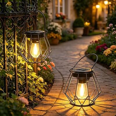 Ketom 2 peças lanternas solares exteriores, IP65, impermeável, lanternas solares, metal lâmpada solar jardim, suspensa/em pé, para decoração de terraço, pátio, varanda, campismo, forma de V Ketom 2 peças lanternas solares exteriores, IP65, impermeável, lanternas solares, metal lâmpada solar jardim, suspensa/em pé, para decoração de terraço, pátio, varanda, campismo, forma de V