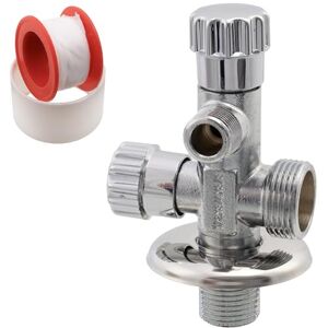 AERZETIX Válvula em ângulo de saída dupla 1/2" x 3/4" x 3/8" com roseta e junta PTFE em latão acabamento niquelado torneira de água potável sanitária encaixe lavatório casa de banho AERZETIX Válvula em ângulo de saída dupla 1/2" x 3/4" x 3/8" com roseta e junta PTFE em latão acabamento niquelado torneira de água potável sanitária encaixe lavatório casa de banho