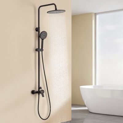 AuraLum Coluna de duche com torneira preta, pulverizador redondo Ø 250 mm, chuveiro de 3 modos, barra de duche em aço inoxidável ajustável, distância entre furos 82 119 cm, alta pressão, design AuraLum Coluna de duche com torneira preta, pulverizador redondo Ø 250 mm, chuveiro de 3 modos, barra de duche em aço inoxidável ajustável, distância entre furos 82 119 cm, alta pressão, design