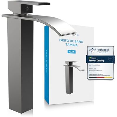 Bächlein Tamina torneira de casa de banho alta com design de cascata, misturador monocomando extra alto com kit de montagem para lavatório, torneira de casa de banho, cor antracite Bächlein Tamina torneira de casa de banho alta com design de cascata, misturador monocomando extra alto com kit de montagem para lavatório, torneira de casa de banho, cor antracite