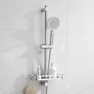AuraLum Barra de duche com alcachofra anticalcária, 4 modos, coluna de chuveiro de aço inoxidável regulável 70 cm, flexível anti-trincheira 1,5 m e prateleira sem broca para organizar a casa de banho AuraLum Barra de duche com alcachofra anticalcária, 4 modos, coluna de chuveiro de aço inoxidável regulável 70 cm, flexível anti-trincheira 1,5 m e prateleira sem broca para organizar a casa de banho