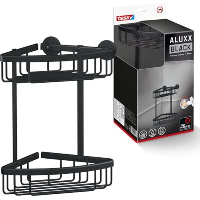 tesa ALUXX BLACK Cesto de duche, preto mate dois níveis casas de banho modernas e com estilo industrial, montagem autocolante sem perfuração, 262 mm x 163 mm x 163 mm tesa ALUXX BLACK Cesto de duche, preto mate dois níveis casas de banho modernas e com estilo industrial, montagem autocolante sem perfuração, 262 mm x 163 mm x 163 mm