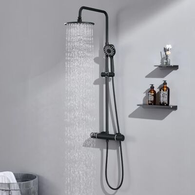 AuraLum Coluna de duche com torneira térmica com pulverizador chuveiro efeito chuva 23 x 23 cm e cabeça de chuveiro 3 modos e mangueira de aço inoxidável 1,5 m, chuveiros de casa de banho altura regulável 92-122 cm, preto AuraLum Coluna de duche com torneira térmica com pulverizador chuveiro efeito chuva 23 x 23 cm e cabeça de chuveiro 3 modos e mangueira de aço inoxidável 1,5 m, chuveiros de casa de banho altura regulável 92-122 cm, preto