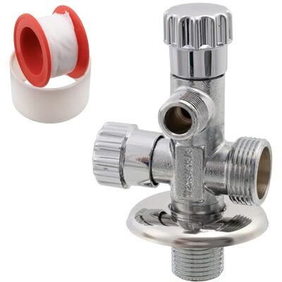 AERZETIX Válvula em ângulo de saída dupla 1/2" x 3/4" x 3/8" com roseta e junta PTFE em latão acabamento niquelado torneira de água potável sanitária encaixe lavatório casa de banho AERZETIX Válvula em ângulo de saída dupla 1/2" x 3/4" x 3/8" com roseta e junta PTFE em latão acabamento niquelado torneira de água potável sanitária encaixe lavatório casa de banho