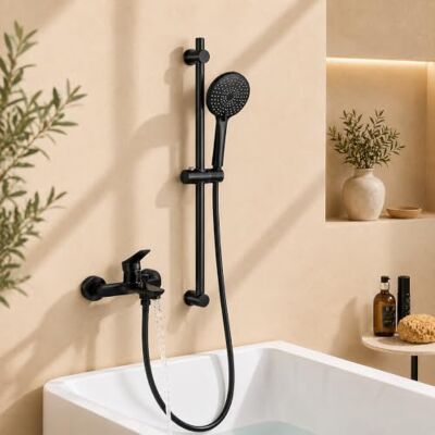 AuraLum Torneira de banheira e chuveiro, coluna de chuveiro com alcachofra de 3 modos, barra de chuveiro de aço inoxidável 70 cm e PVC, mangueira 1,5 m, torneira mono-comando com controlo de fluxo e AuraLum Torneira de banheira e chuveiro, coluna de chuveiro com alcachofra de 3 modos, barra de chuveiro de aço inoxidável 70 cm e PVC, mangueira 1,5 m, torneira mono-comando com controlo de fluxo e
