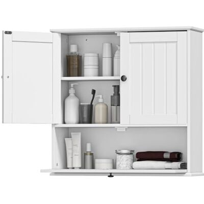 HOMCOM Armario de Baño de Pared, Estante Ajustable, Doble Puerta, Blanco Armário de casa de banho pendurado rústico, porta de batível, fecho magnético, para cozinha, lavandaria, sobre a sanita HOMCOM Armario de Baño de Pared, Estante Ajustable, Doble Puerta, Blanco Armário de casa de banho pendurado rústico, porta de batível, fecho magnético, para cozinha, lavandaria, sobre a sanita