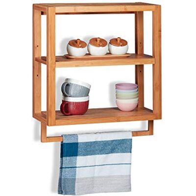 Relaxdays Prateleira de bambu, três prateleiras, toalheiro, saia removível, de parede, castanho, 58,5 x 52 x 21 cm Relaxdays Prateleira de bambu, três prateleiras, toalheiro, saia removível, de parede, castanho, 58,5 x 52 x 21 cm