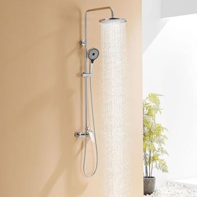 AuraLum Coluna duche com torneira de latão, pulverizador duche Ø 26 cm redondo, chuveiros de casa de banho coluna e cabo chuveiro 3 modos, barra de duche em aço inoxidável altura regulável 103-139 cm, mangueira 150 cm, cromado AuraLum Coluna duche com torneira de latão, pulverizador duche Ø 26 cm redondo, chuveiros de casa de banho coluna e cabo chuveiro 3 modos, barra de duche em aço inoxidável altura regulável 103-139 cm, mangueira 150 cm, cromado