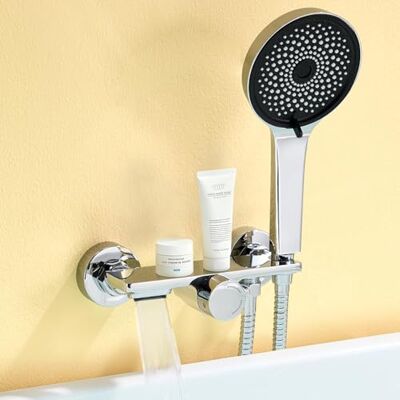 AuraLum Conjunto de torneira de banheira e chuveiro com cascata, torneira de banho de latão com único comando com prateleira de armazenamento, cabeça de chuveiro de 5 modos e mangueira 1,5 m, sistema AuraLum Conjunto de torneira de banheira e chuveiro com cascata, torneira de banho de latão com único comando com prateleira de armazenamento, cabeça de chuveiro de 5 modos e mangueira 1,5 m, sistema