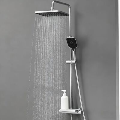 AuraLum Coluna de duche com torneira térmica, coluna de duche com prateleira, spray duche chuva 30 x 19 cm, cabeça de chuveiro 3 modos com mangueira 1,5 m, chuveiros de casa de banho altura regulável 88-124 cm, cromado AuraLum Coluna de duche com torneira térmica, coluna de duche com prateleira, spray duche chuva 30 x 19 cm, cabeça de chuveiro 3 modos com mangueira 1,5 m, chuveiros de casa de banho altura regulável 88-124 cm, cromado