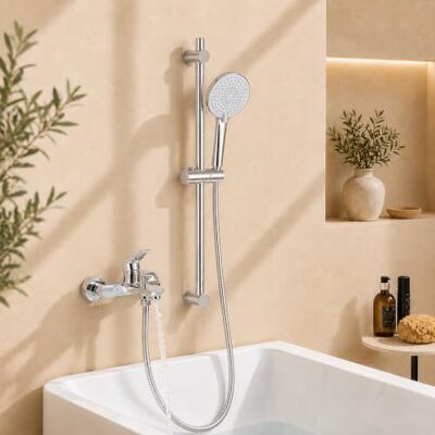 AuraLum Torneira de banheira e chuveiro, coluna de duche com alcachofra de Coluna de chuveiro com misturador e 70 cm de altura ajustável em aço inoxidável, misturador para banheira de latão cromado AuraLum Torneira de banheira e chuveiro, coluna de duche com alcachofra de Coluna de chuveiro com misturador e 70 cm de altura ajustável em aço inoxidável, misturador para banheira de latão cromado