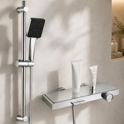AuraLum Torneira de banheira com duche e cano, design de piano com prateleira larga para casa de banho, coluna duche ajustável com cabeça de chuveiro 6 funções, barra de duche regulável, flexível PVC AuraLum Torneira de banheira com duche e cano, design de piano com prateleira larga para casa de banho, coluna duche ajustável com cabeça de chuveiro 6 funções, barra de duche regulável, flexível PVC