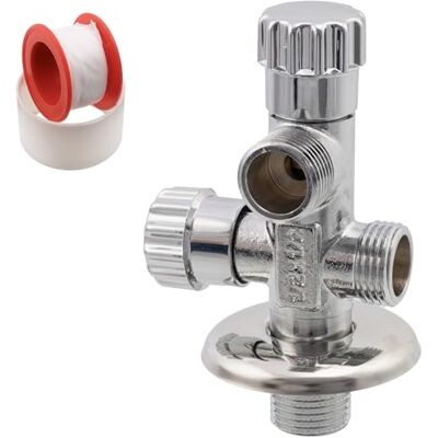 AERZETIX Válvula em ângulo de saída dupla 1/2" x 1/2" x 1/2" com roseta e junta PTFE em latão acabamento niquelado torneira de água potável sanitária encaixe lavatório casa de banho cozinha AERZETIX Válvula em ângulo de saída dupla 1/2" x 1/2" x 1/2" com roseta e junta PTFE em latão acabamento niquelado torneira de água potável sanitária encaixe lavatório casa de banho cozinha