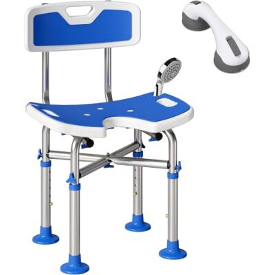 HOMCOM Cadeira de duche idosos com encosto barra com ventosa Banqueta de duche antiderrapante, assento em U, altura ajustável em 5 posições, suporte para alcachofra, carga de 150 kg HOMCOM Cadeira de duche idosos com encosto barra com ventosa Banqueta de duche antiderrapante, assento em U, altura ajustável em 5 posições, suporte para alcachofra, carga de 150 kg